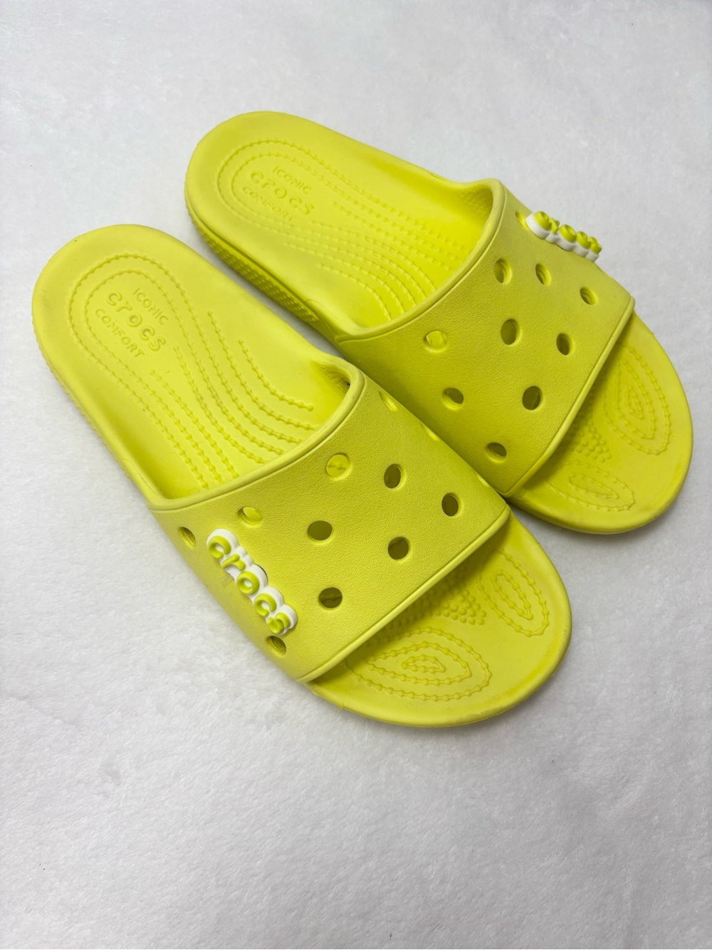 CROCS‎ Bright Neon Yellow Slide Sandals Women size 7 Men size 5